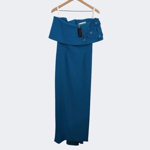 Catherine Regehr NEW Peacock Blue Off the Shoulder Beaded Floral Appliqué Gown